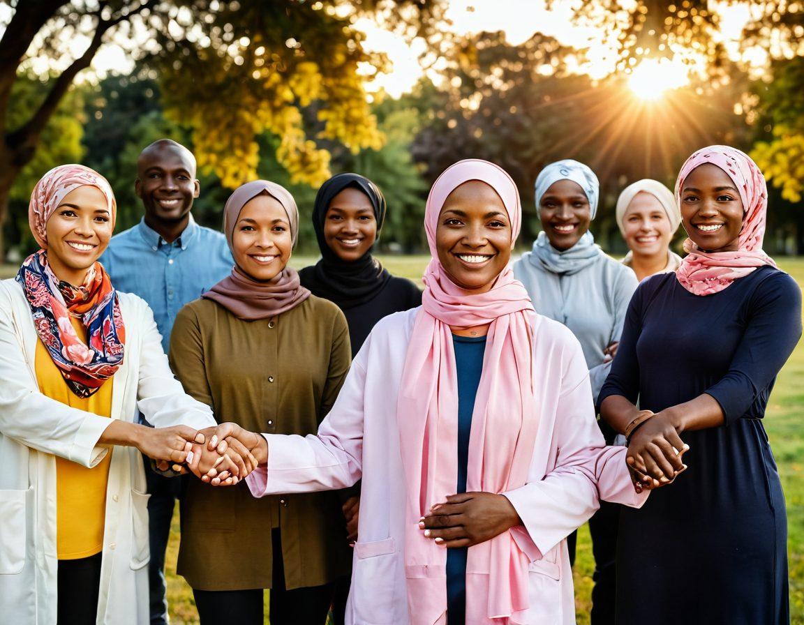 A diverse group of people, standing together in a park, holding hands in solidarity, with a backdrop of a sunset symbolizing hope. In the foreground, a woman in a headscarf, smiling, represents strength and resilience. The scene showcases a vibrant community atmosphere with trees and flowers, emphasizing support and togetherness in the journey of cancer wellness. super-realistic. vibrant colors. warm lighting.