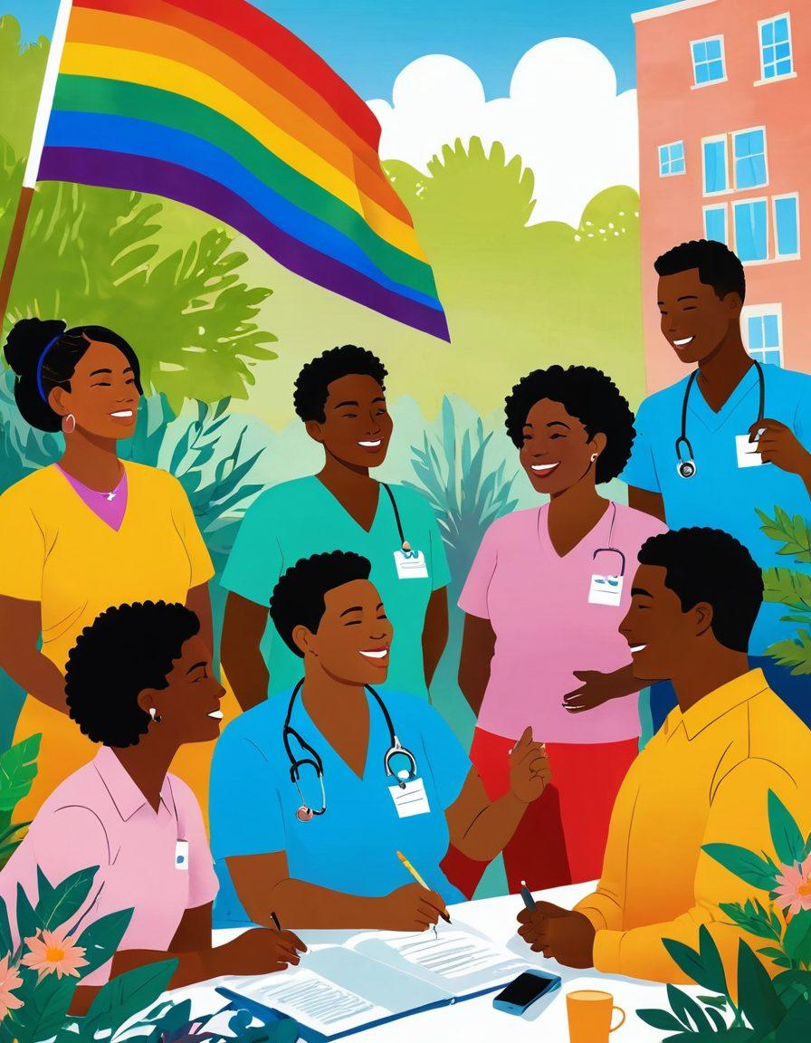 A vibrant and inclusive illustration showcasing a diverse group of LGBTQ+ individuals gathered in a supportive healthcare setting, engaging in community discussions about cancer care and wellness. Emphasize symbols of pride and advocacy, such as rainbow flags and supportive banners, while depicting health professionals offering guidance. The background should include a calming environment with soothing colors, plants, and informative posters. The image should radiate warmth, hope, and unity. super-realistic. vibrant colors. warm tones.