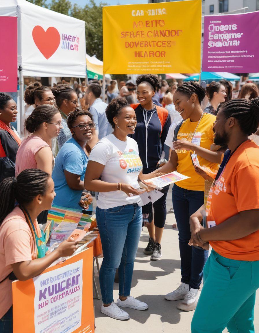 A dynamic scene depicting a diverse group of queer individuals engaging in a community health fair, showcasing various informational booths about disease prevention and advocacy. Highlight vibrant banners and posters promoting inclusivity and awareness, with people of different ethnicities and gender expressions interacting positively. Include elements like pamphlets, health screenings, and supportive volunteers in bright colors, creating an atmosphere of empowerment and solidarity. super-realistic. vibrant colors. white background.